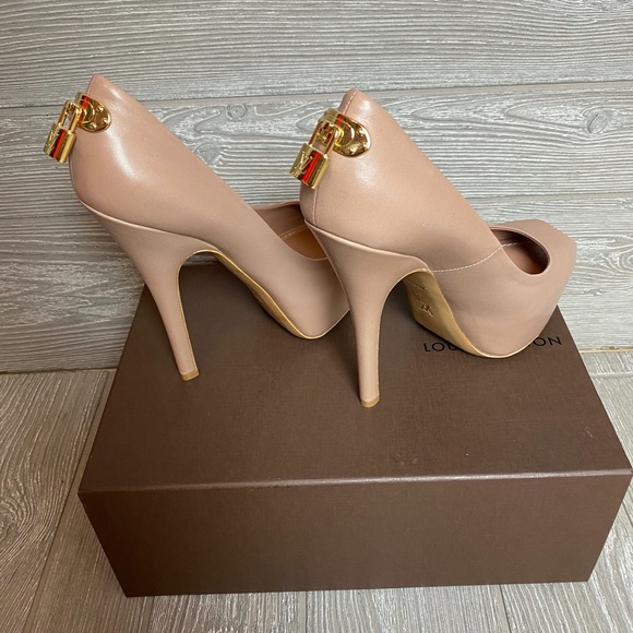 Louis Vuitton Heels Nude Leather Oh Really Platform Lock Peep Toe 38 - Picture 16 of 16
